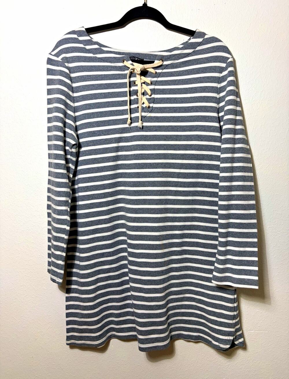 Gray White Striped Lace Up Tunic Top Size L Long Sleeve Nautical